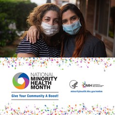 National Minority Health Month. Give Your Community a Boost! Image shows a Latina woman and young woman. 