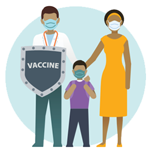 Illustration shows a Black family wearing masks. The father holds a shield that reads Vaccine. 