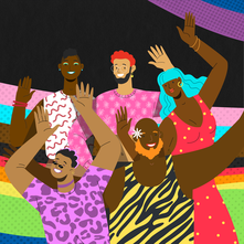 Illustration shows a diverse group of LGBTQ+ people smiling and waving