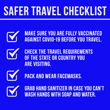 Safer travel checklist: Make sure you are vaccinated, check travel requirements, pack and wear face masks, use hand sanitizer