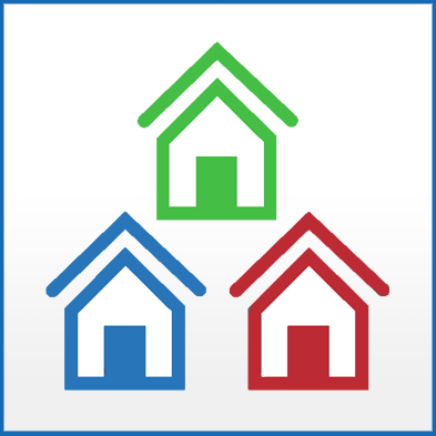 Illustration shows three houses arranged in a triangle. The houses are green, blue, and red. 