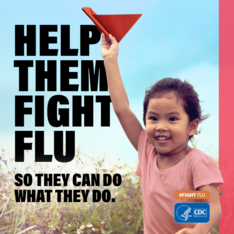 Help Them Fight Flu, So They Can Do What They Do. Image shows a young Asian girl playing outside. 