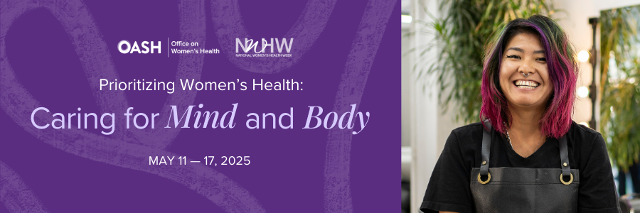 Caring for Mind and Body header text having a smiling woman with purple dyed hair to the right 