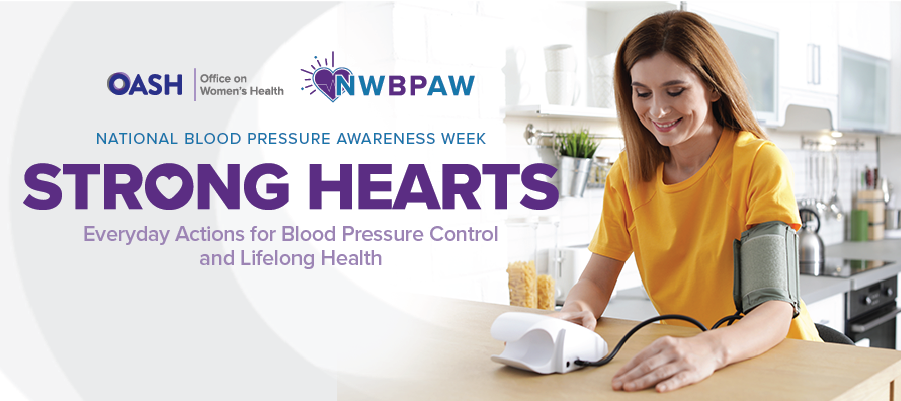 Woman checking blood pressure at table with NWBPAW Strong Hearts branding