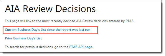 Screenshot of the AIA Review Decisions webpage with a red box emphasizing the link to the current day's decisions  on the page.