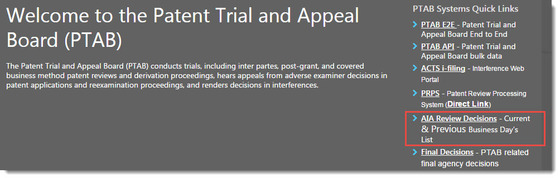 Screenshot of the PTAB main page with a red box emphasizing the location of the link to the AIA Decisions page.