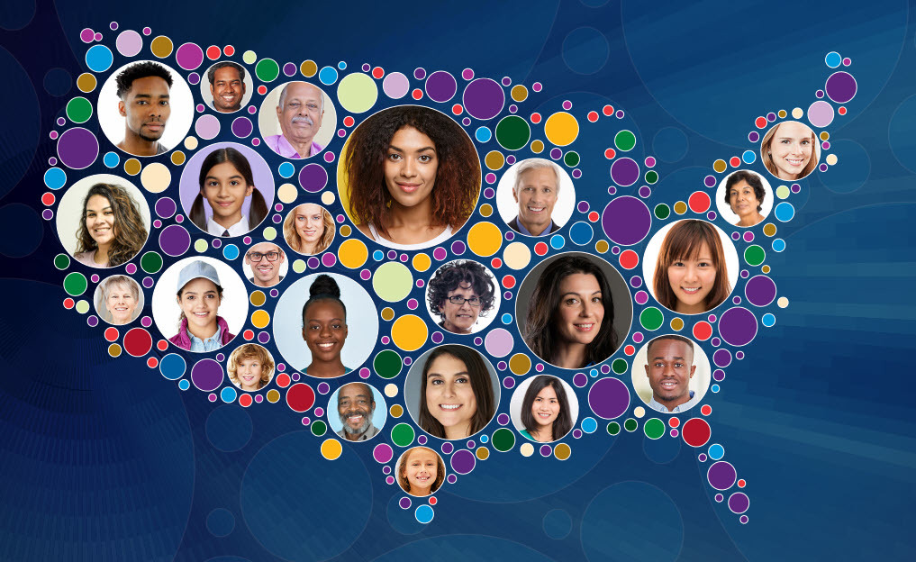 Images of many different people superimposed over a map of the United States