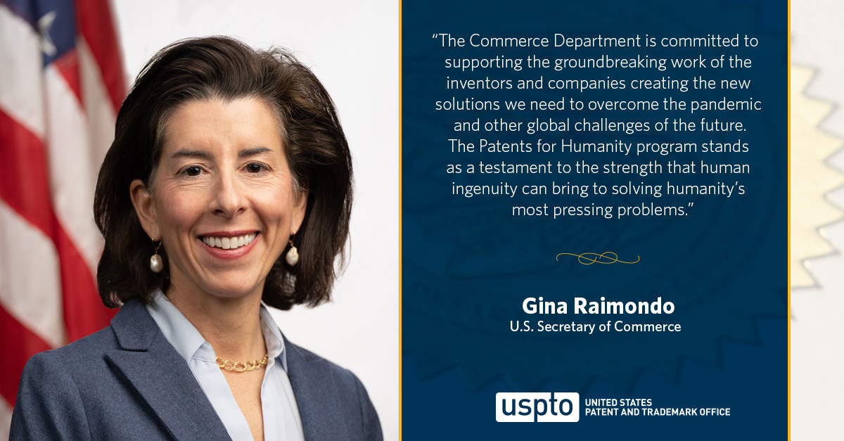 Patents for Humanity COVID category quote from Secretary Raimondo