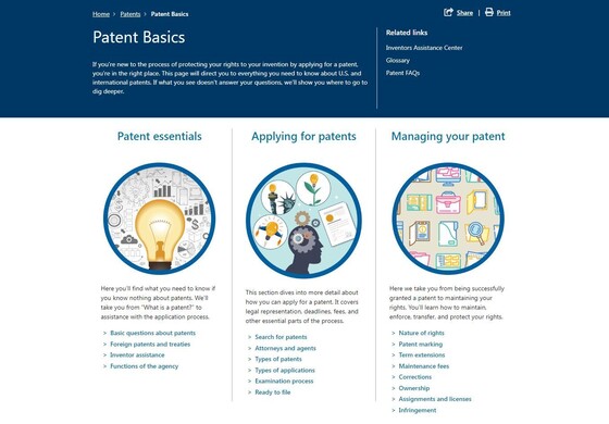 USPTO's Patent Basics web page screen shot
