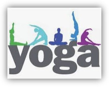 The word yoga with colorful silhouettes in poses