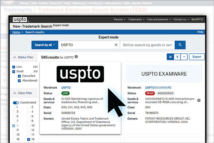 Screenshot of new trademark search