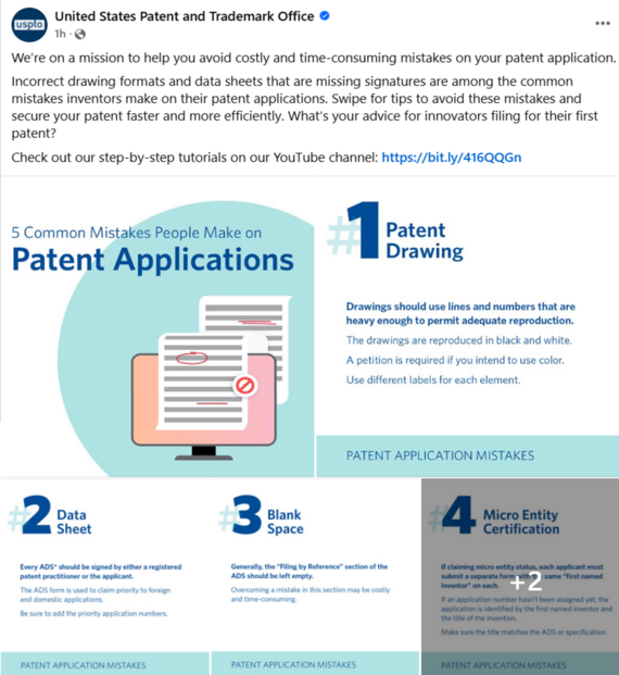 Screenshot of social media post: 5 Common Mistakes People Make on Patent Applications