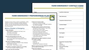 A screenshot of a farm emergency contact form and an emergency preparedness plan.