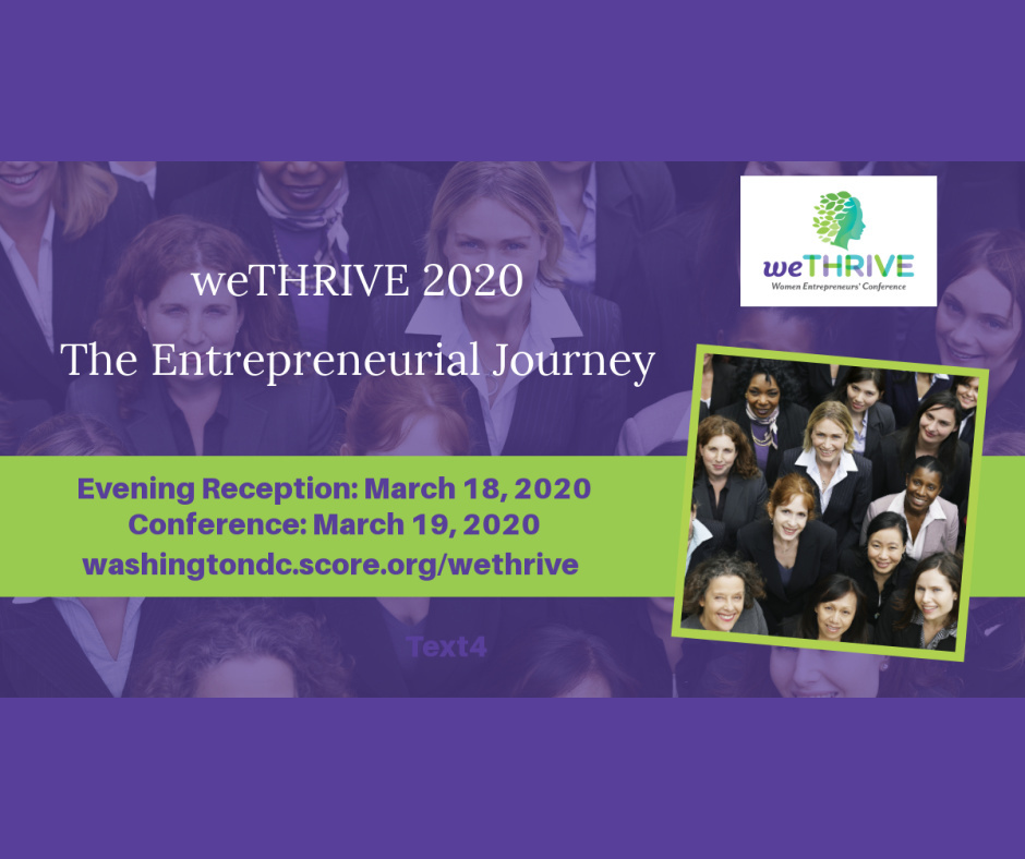 A group of women looking upwards, surrounded by text about the upcoming weTHRIVE conference.