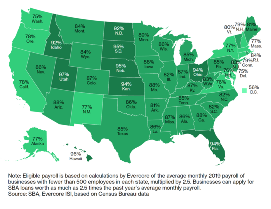 Map showing that Utah ranks highest in nation for SBA COVID lending