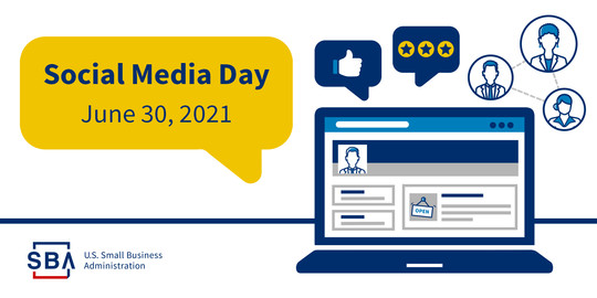 Illustration of a laptop, thumbs up, text box and people with the following text, Social Media Day, June 30, 2022. The SBA logo is at the bottom.