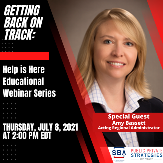 Photo of Amy Bassett with the following text, Getting Back on Track: Help is Here Educational Webinar Series on July 8 at 2pm EDT