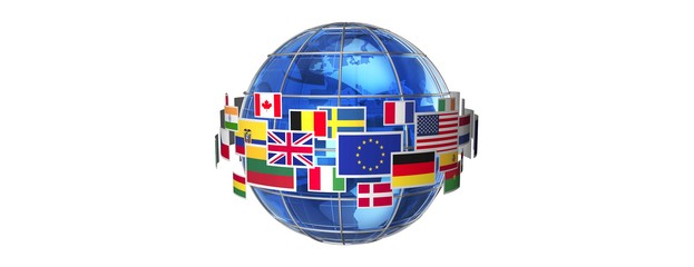 Globe surrounded by international flags