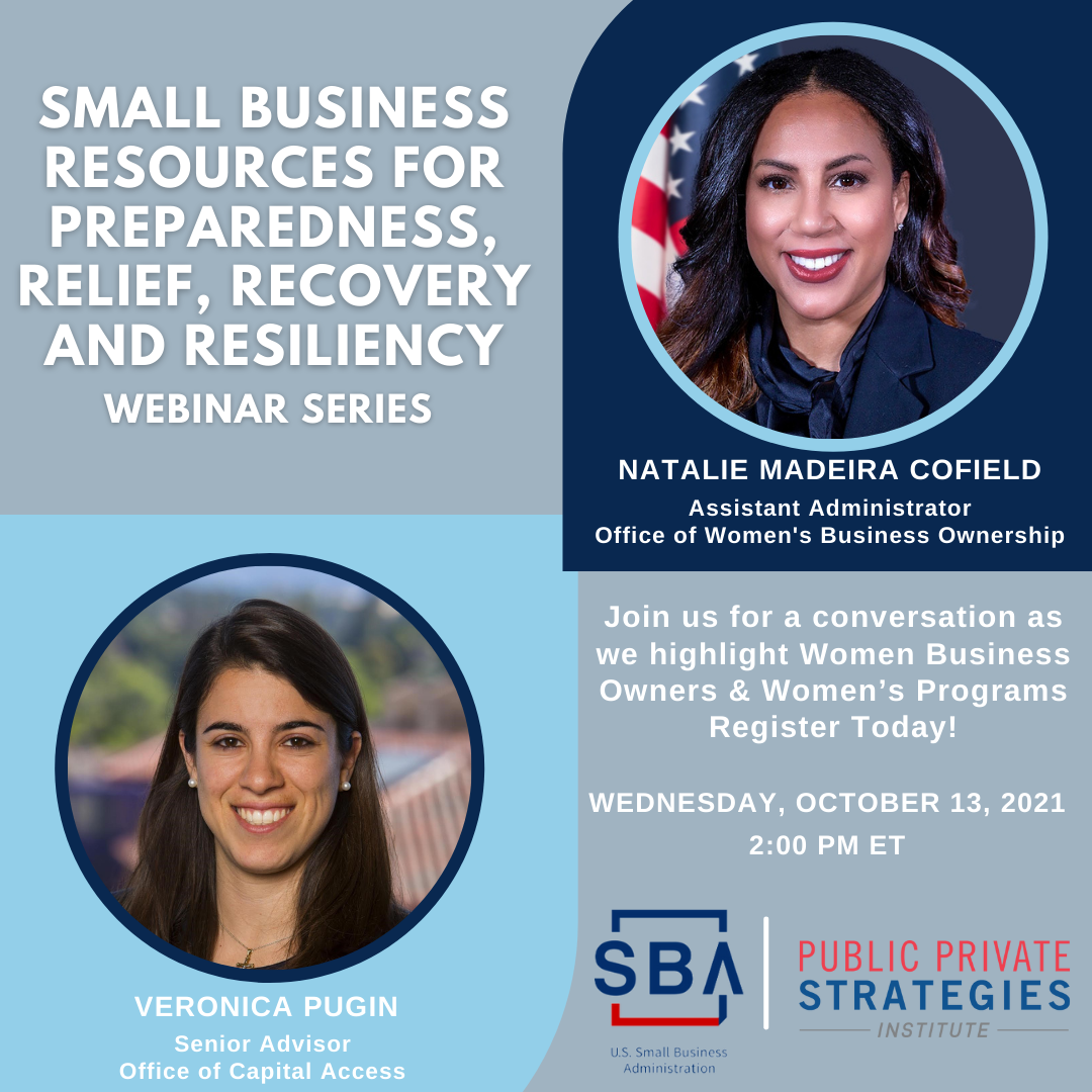 Photo of two people with the following text, Small Business Resources for Preparedness, Relief, Recovery and Resiliency Webinar Series, October 13