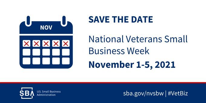 Illustration of a calendar with the following text, Save the date, National Veterans Small Business Week, November 1-5, 2021