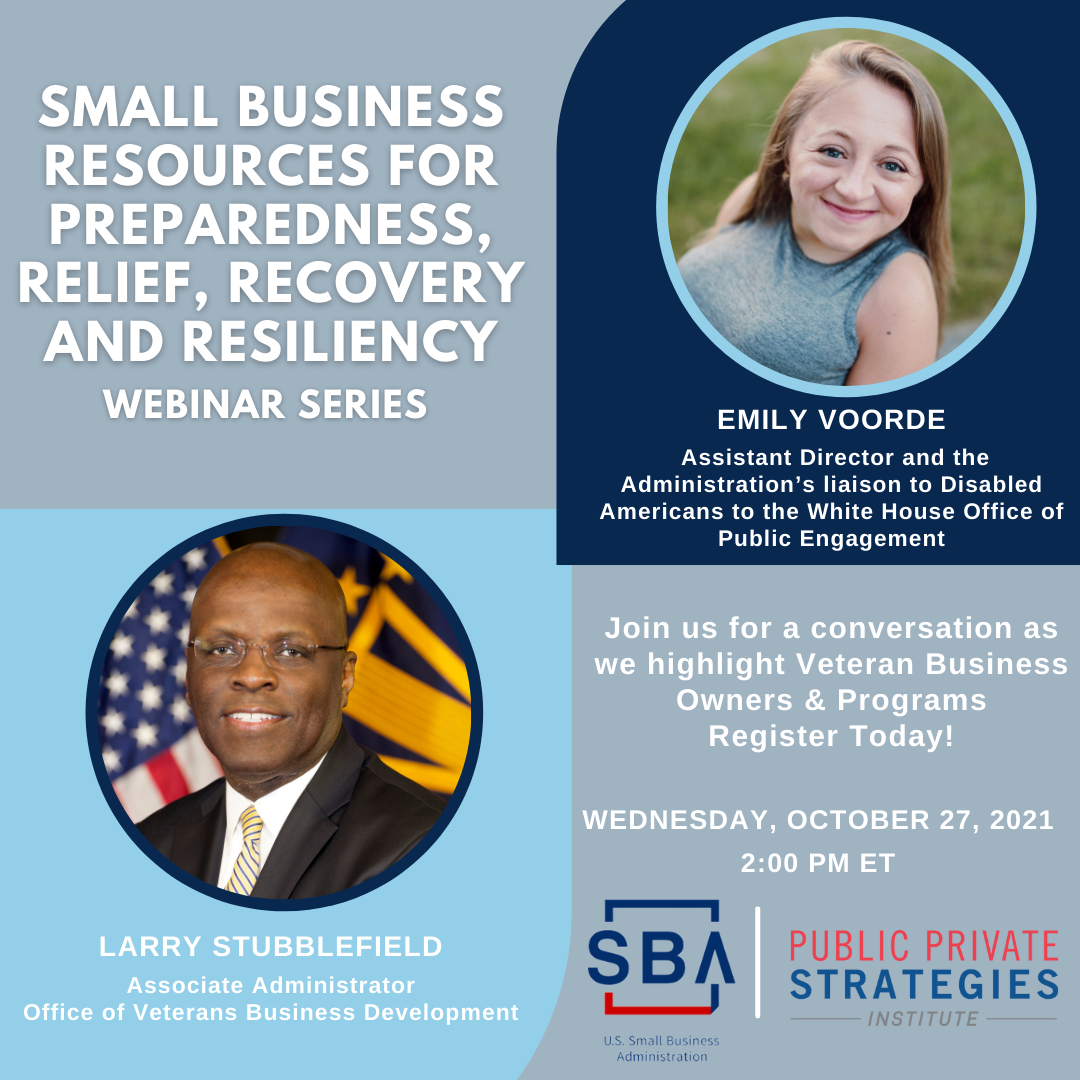Photo of two people with the following text, Small Business Resources for Preparedness, Relief, Recovery and Resiliency Webinar Series on October 27 