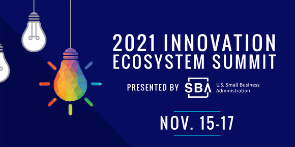 Illustration of light blubs with the following text, 2021 Innovation Ecosystem Summit presented by the SBA from November 15-17