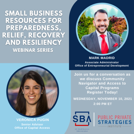 Photo of two people with the following text, Community Navigators and Access to Capital Programs webinar on November 10 at 2 pm ET