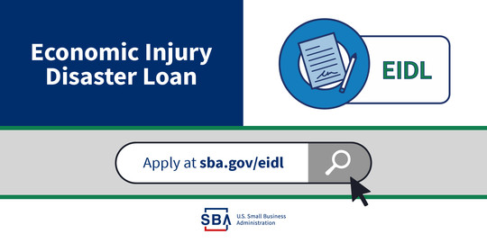 Illustration showing SBA Economic Injury Disaster Loan acronym for COVID-19 relief and the website address to apply.