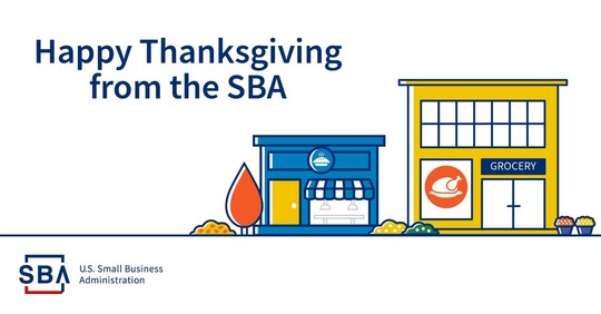Illustration of two stores with the following text, Happy Thanksgiving from the SBA. The SBA logo is at the bottom.