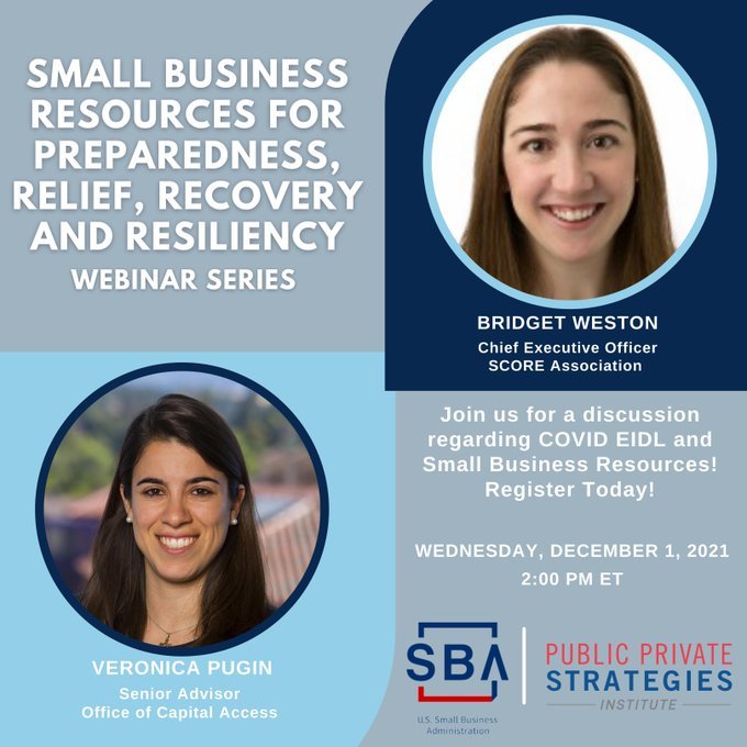 Photo of two people with the following text, COVID EIDL and small business resources webinar on December 1 at 2 PM ET