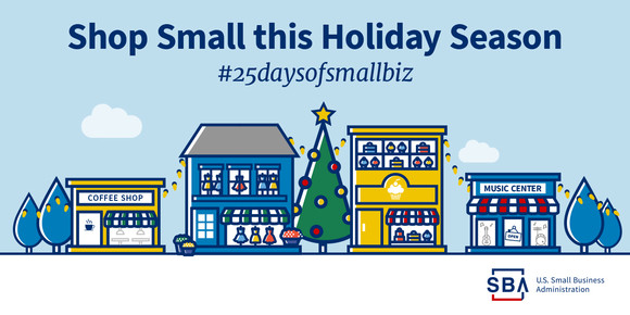 Illustration of a main street with businesses, a Christmas tree and lights with the following text, shop small this holiday season. #25daysofsmallbiz
