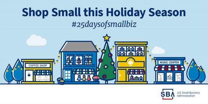 Illustration of a main street with the following text, Shop Small this Holiday Season. #25daysofsmallbiz