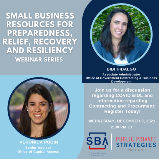 Photo of two people with the following text, EIDL and government contracting webinar on December 8, 2021 at 2 pm ET