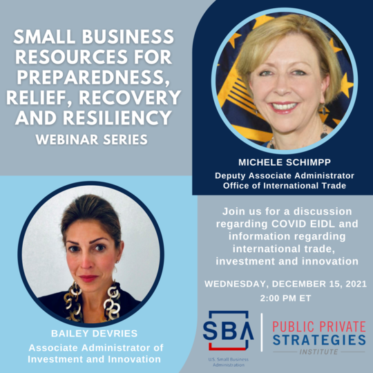 Photo of two people with the following text, COVID EIDL and internal trade, investment and innovation webinar on December 15 at 2 pm ET