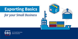 Illustration of a ship and cargo boxes with the following text, exporting basics for your small business. The SBA logo is at the bottom.
