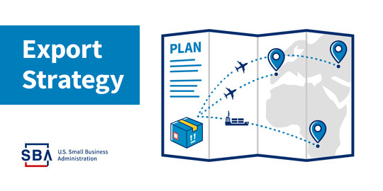 Illustration of a map and plan with the following text, export strategy. The SBA logo is at the bottom.