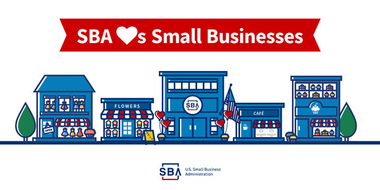 Illustration of main street businesses with a red banner and the following text, SBA loves small businesses. The SBA logo is at the bottom.