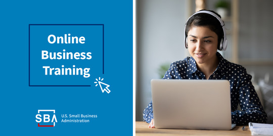 A person in front of a computer with the following text, online business training. The SBA logo is at the bottom.