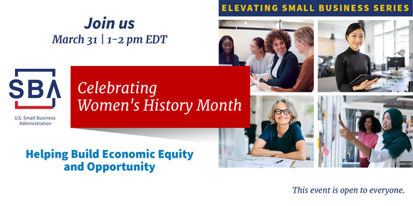 [Photos of multiple people with the following text, Women's History Month online event on March 31, 1-2 pm EDT ]