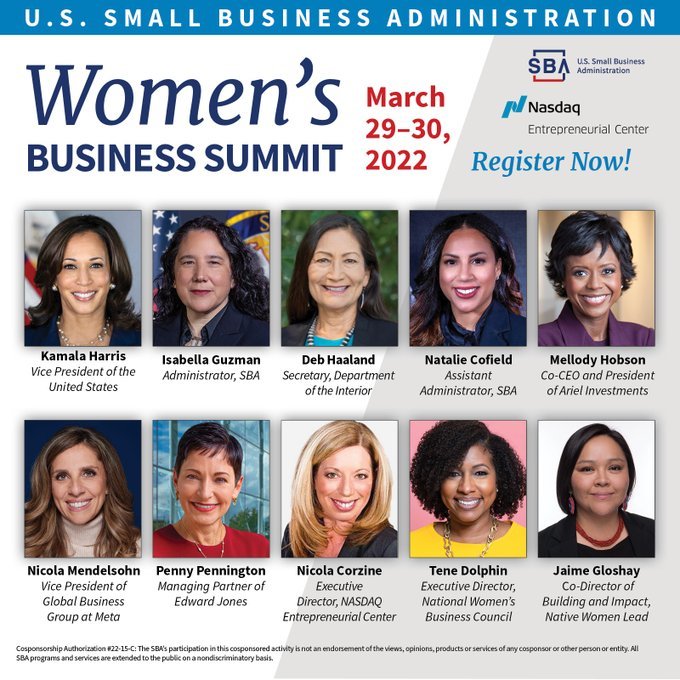 Ten headshot photos with the following text, Women's Business Summit, March 29-30, 2022, register now.
