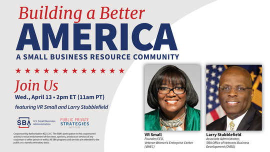 Two headshot photos and the following text, Building a Better America webinar on April 13 at 2 pm ET