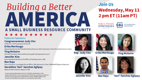 Photo of six people with the following text, Building a Better America webinar on May 11 at 2 pm ET
