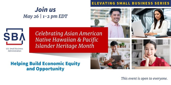 Photo of four people with the following text, Asian American Native Hawaiian & Pacific Islander Heritage Month Webinar on May 26 at 1 pm EDT 