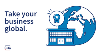 Illustration of a globe and building with the following text, take your business global. The SBA logo is at the bottom.