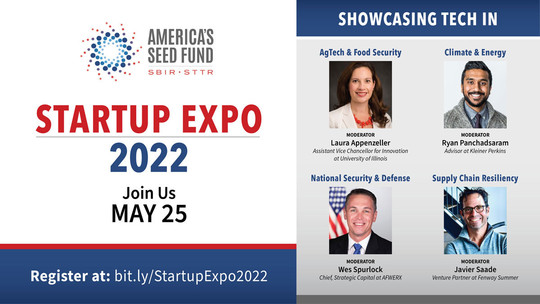 Four people with the following text, America's Seed Fund Startup Expo on May 25