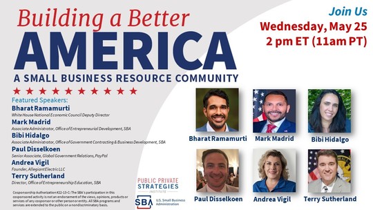 Photo of six people with the following text, Building a Better America: A Small Business Resource Community on May 25 