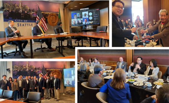 Four images of Regional Administrator Mike Fong engaging with AAPI community members