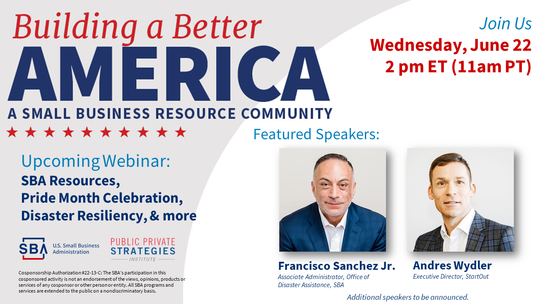Two people and the following text, Building a Better America Webinar on June 22 at 2 pm ET