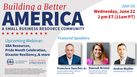 Three headshot photos and the following text, Building a Better America webinar on June 22 at 2 pm ET