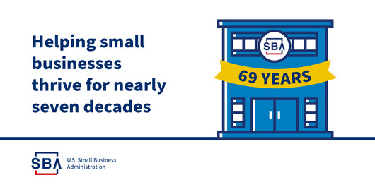 Illustration of an SBA building with a banner that says 69 years and the following text, helping small businesses thrive for nearly seven decades.